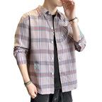 Men’s South Korean Fashion Grid Pattern Shirt – Slim Fit Long Sleeve Cotton Cardigan Top