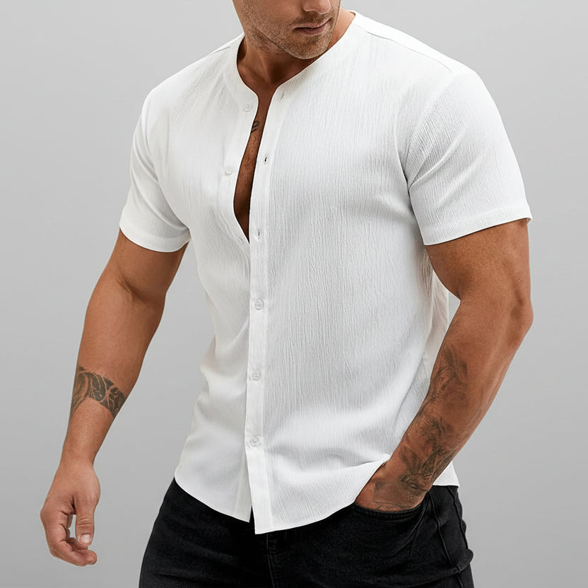 Men’s stand collar short sleeve cardigan shirt in white