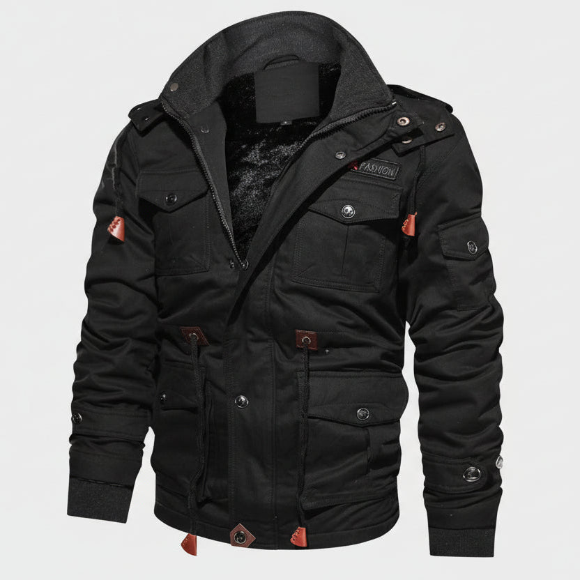Men’s winter zip-up hooded cargo jacket with multi-pockets