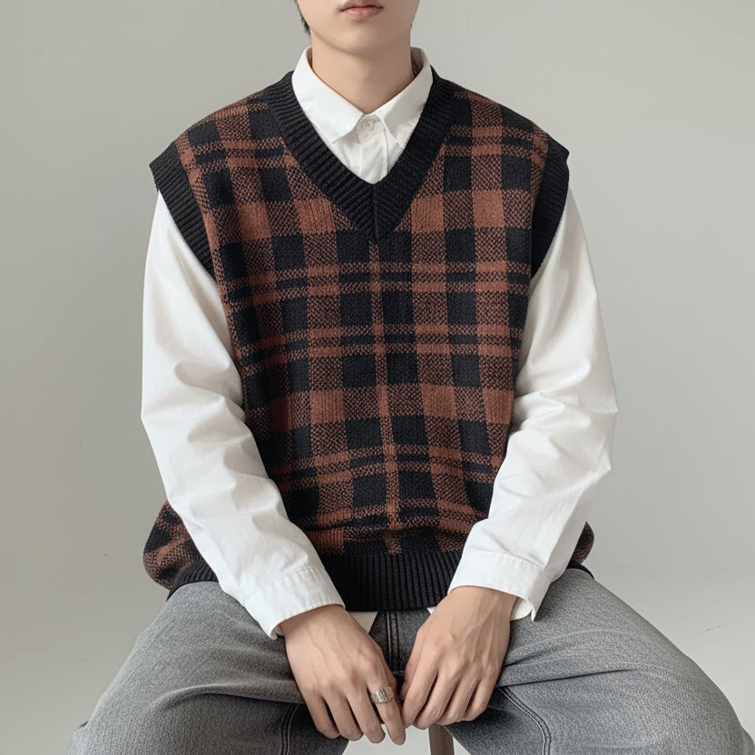 Close-up of wool texture and check pattern on vest