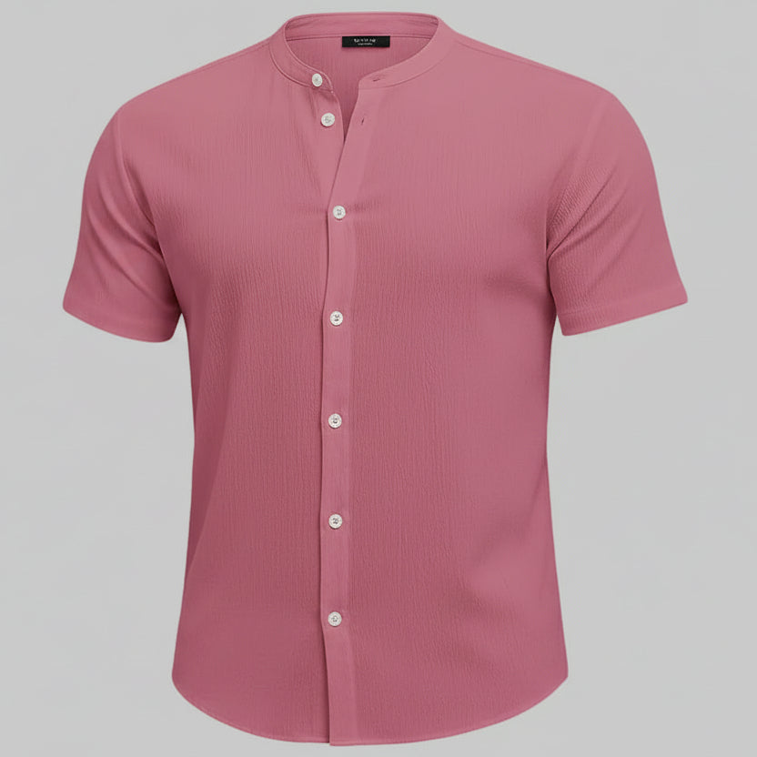 Short sleeve stand collar men top in pink